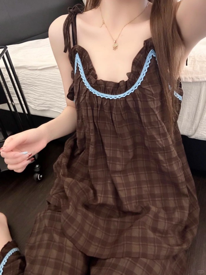 Phong Cách Retro Anh Quốc Bộ Đồ Ngủ Kẻ Sọc Màu Cà Phê Cho Nữ Mùa Hè Mới Treo Áo Ngọt Đơn Giản