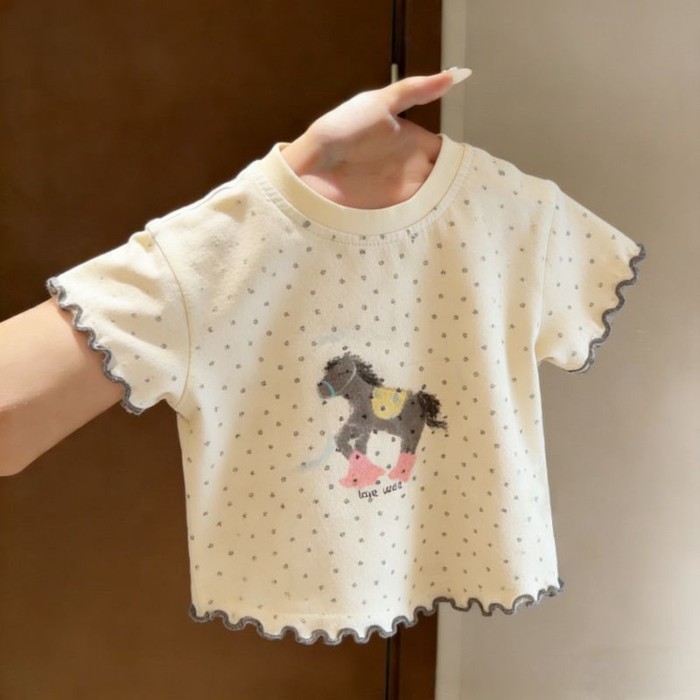 Bộ quần áo trẻ em Hàn Quốc cho bé gái in hình ngựa con dễ thương, áo thun ngắn tay bé gái chấm b