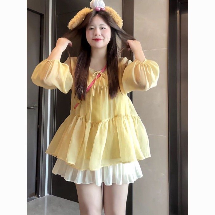 Áo phồng tay phồng màu vàng tươi, đầu thu dễ thương và ngọt ngào cho nữ, dễ thương và ngọt ngào tro