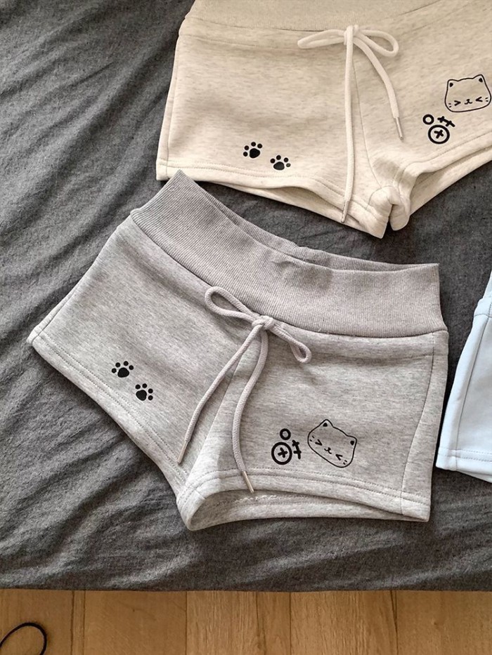 Quần short thể thao nữ in hình mèo, phù hợp mùa hè, dáng slim-fit