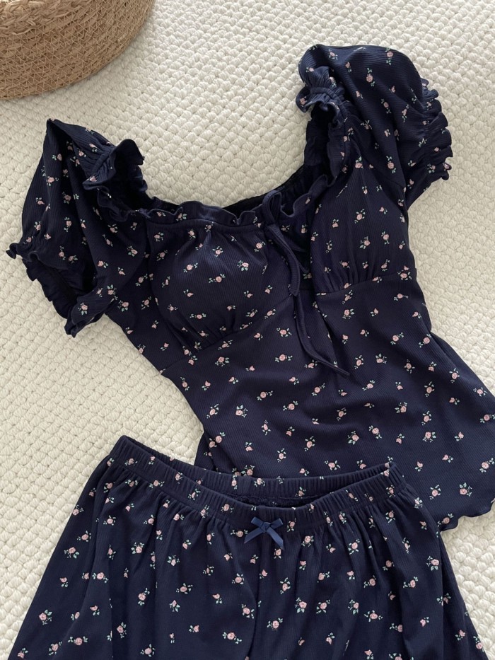 Bộ đồ ngủ ngắn tay in hoa cao cấp dành cho nữ mùa hè quần short hai mảnh phong cách mới có mi