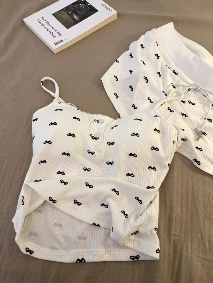 Bộ quần áo mặc ở nhà in hình nơ ngọt ngào Bộ đồ ngủ có dây treo màu trắng cho nữ mùa hè