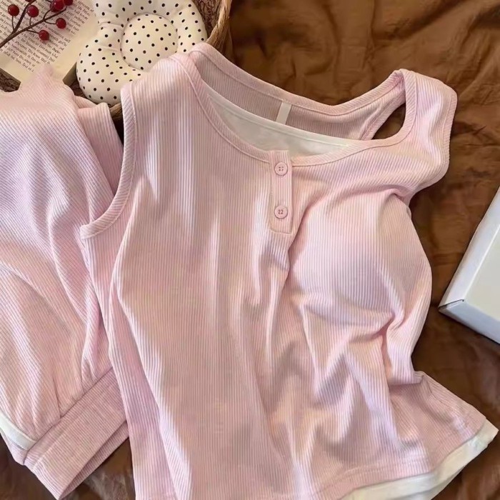 Bộ đồ ngủ có dây đeo mùa hè dành cho nữ có miếng đệm ngực, áo vest không tay, bộ đồ mặc nhà rộng rã