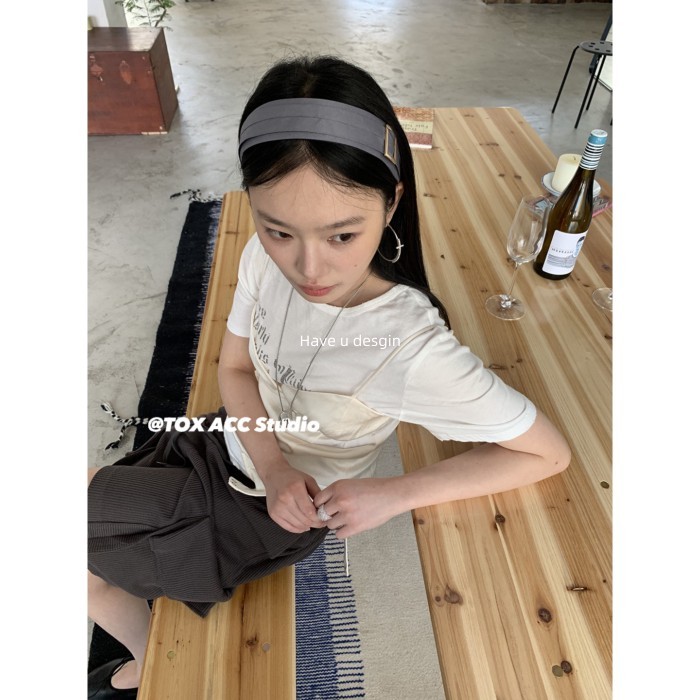 Have u desgin Hàn Quốc Retro Cao Cấp Đầu Lâu Hàng Đầu Rộng Viền Tất Cả Trận Đấu Vàng Vuông Khóa Cao Cấp Băng Đô Xếp Ly