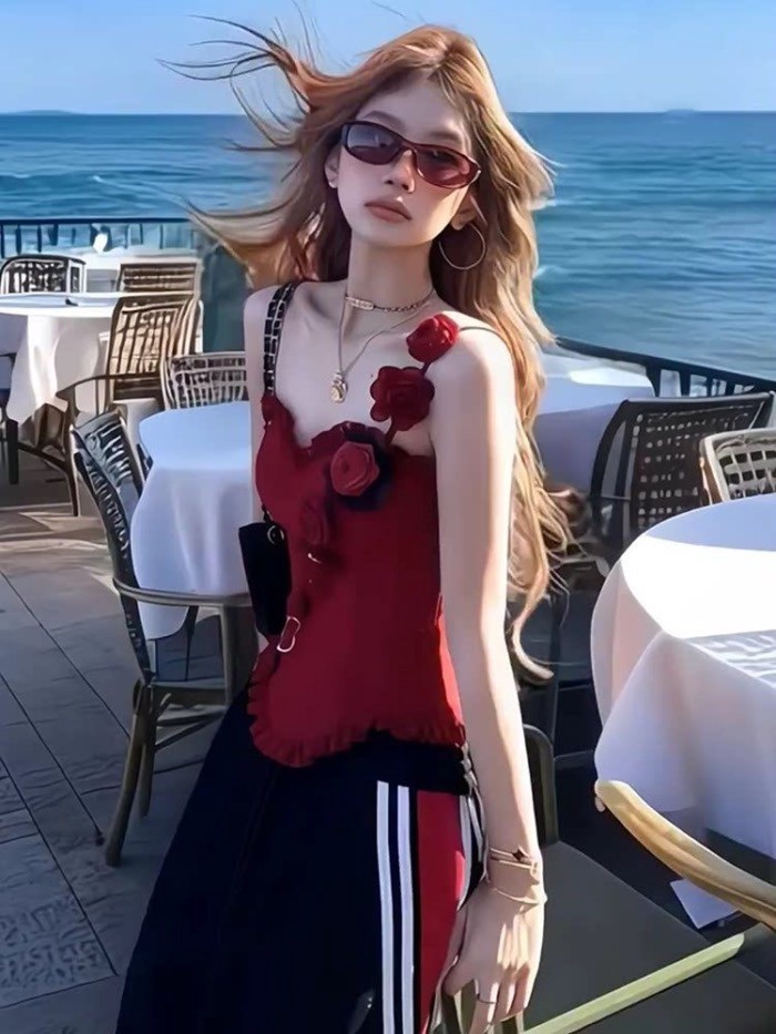 Hot Girl Mỹ ren hoa yếm yếm nữ thiết kế mùa hè eo thon gợi cảm áo ống