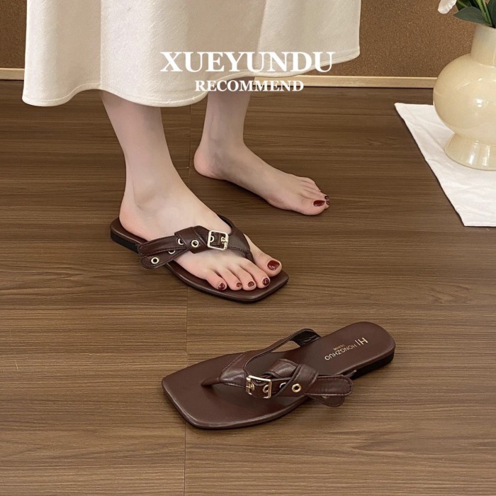 Dép xỏ ngón đế phẳng thiết kế theo phong cách Pháp dành cho nữ mùa hè thông thường dép xỏ ngón đế m