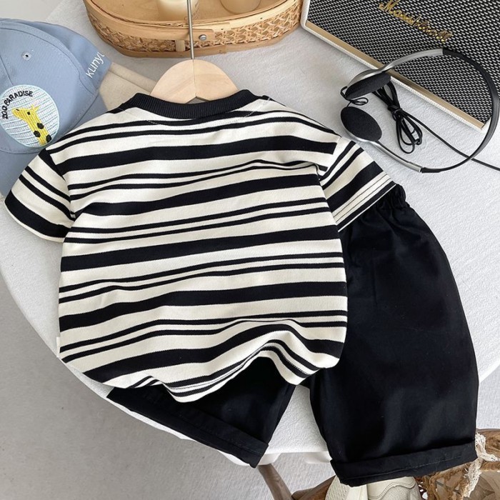 Mùa Hè bé trai sọc ngắn tay phù hợp với bé túi đeo chéo thời trang áo liền quần quần short thườn