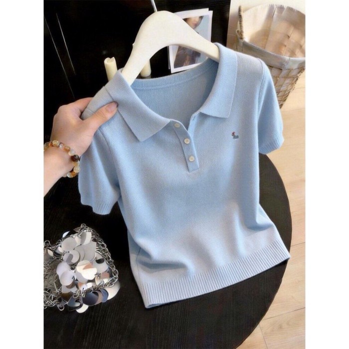 Áo sơ mi polo thêu nửa ngực màu xanh da trời Áo thun ngắn tay dành cho nữ Áo thun đa năng thô