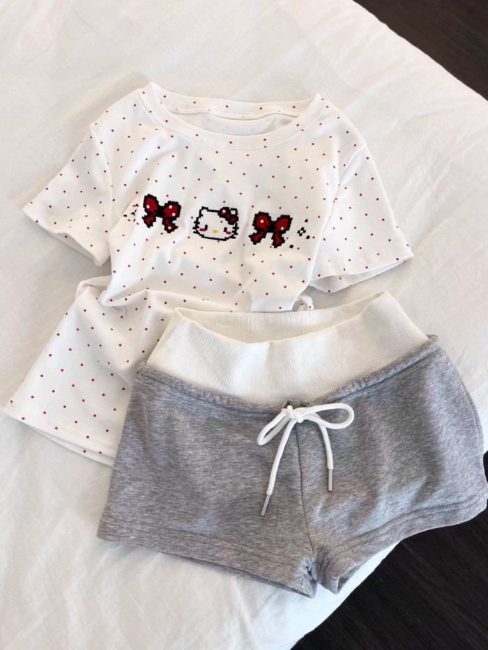 Kitty Bộ đồ ngủ ngắn tay in họa tiết chấm bi màu đỏ dành cho nữ mùa hè Áo thun ngắn tay có thể