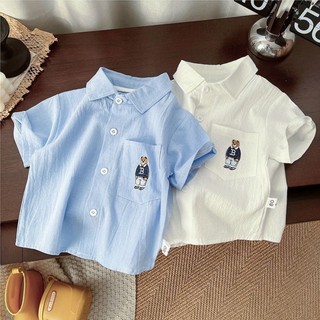Áo sơ mi ngắn tay cotton trẻ em mùa hè phong cách mới vừa và nhỏ bé trai thêu gấu mềm mại thư