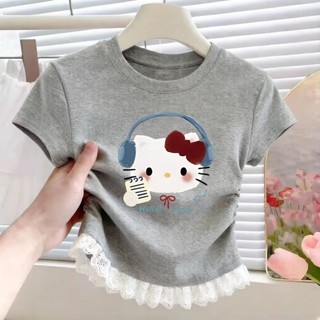 Áo ren nối mùa hè cho bé gái phong cách Hàn Quốc tay ngắn in hoạt hình thiết kế xếp ly dáng ôm vừa