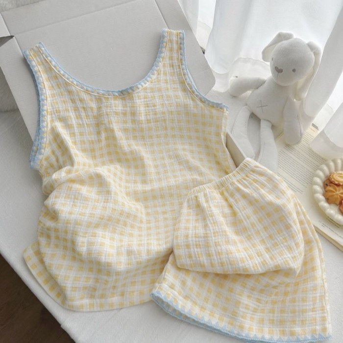 đơn giản viền xanh kem kẻ sọc vàng quần short không tay Bộ đồ ngủ nữ mùa hè Cloud cotton bé g