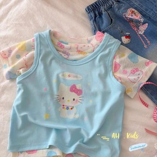 Quần áo trẻ em bé gái nguyên chất cotton ngắn tay áo thun giả hai mảnh in hình mùa hè trẻ em cho bé