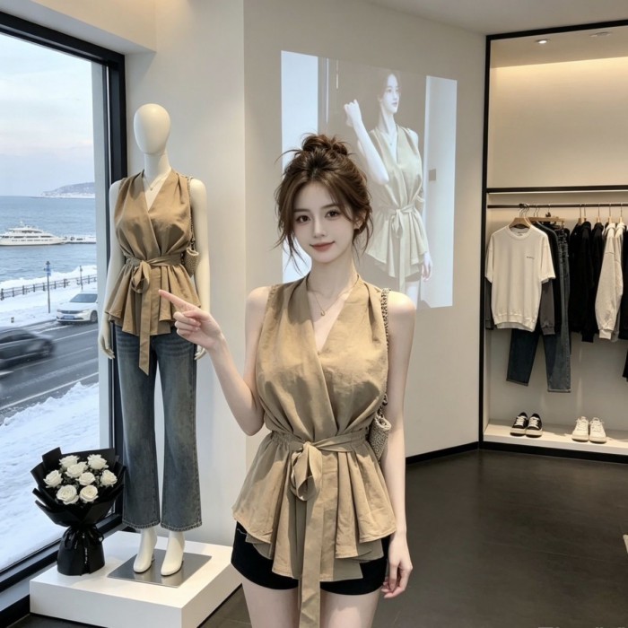 Áo sơ mi không tay thời trang Pháp, áo cổ dây, áo buộc dây giảm eo, mùa hè phong cách người n