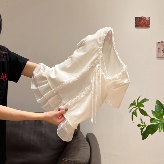 Áo thun hai dây giả ren nấm phong cách Pháp nhẹ nhàng dành cho nữ thời trang mùa hè khí chất
