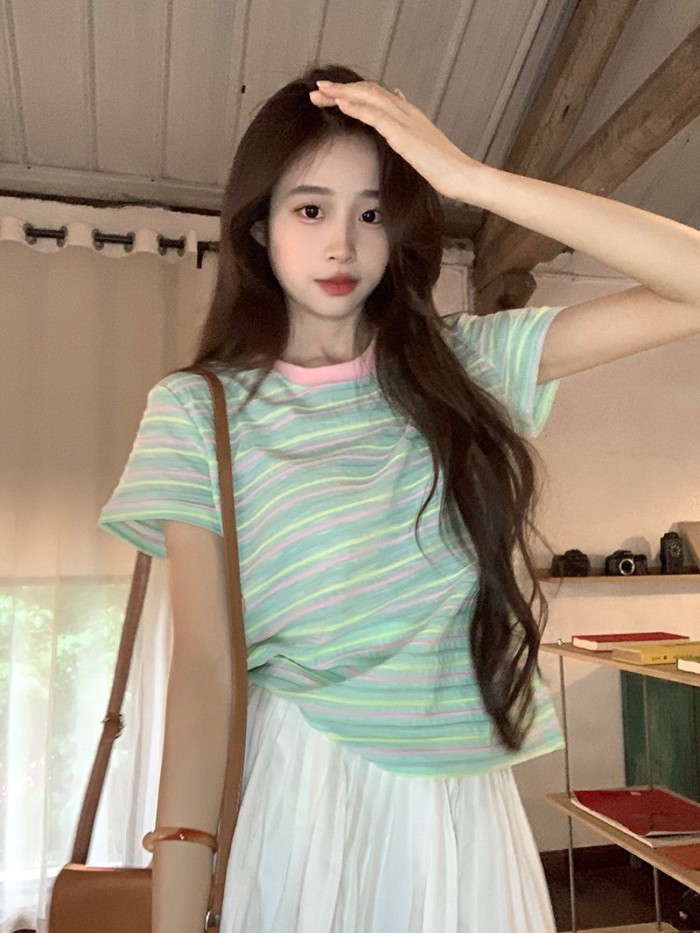 Áo thun ngắn tay Mint Mambo dành cho nữ mùa hè phong cách Hàn Quốc màu sắc sọc mỏng cổ tròn t