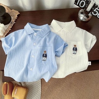 Áo sơ mi ngắn tay cotton trẻ em mùa hè phong cách mới vừa và nhỏ bé trai thêu gấu mềm mại thư