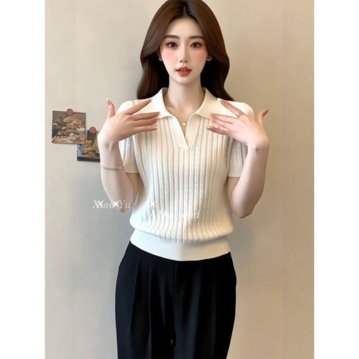 Áo thun polo dệt kim ngắn tay phong cách Hàn Quốc ngọt ngào áo thun nữ mỏng ôm vai phải
