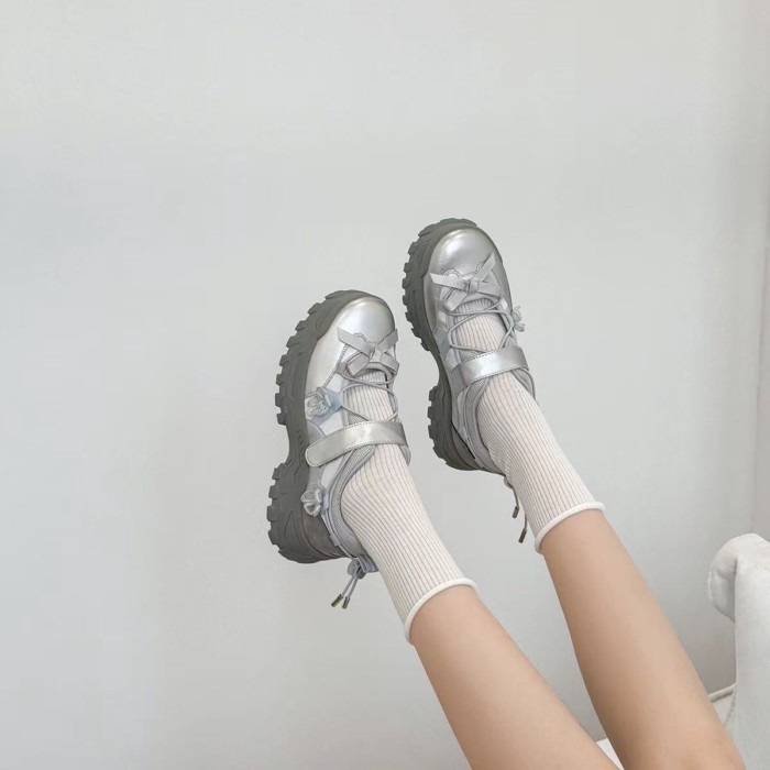 Nơ Ba Lê Phong Cách Mary Jane Giày Nữ Mới Đế Dày Tăng Chiều Cao Nhỏ Giày Da Khóa Dán Giày Thể