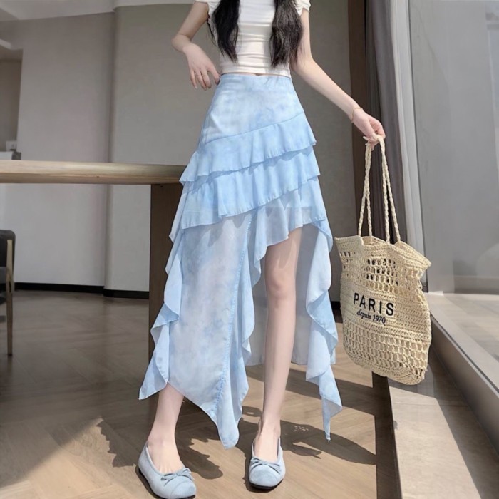 Váy váy buộc dây không đều màu cho nữ mùa hè kiểu dáng mới xù lưới váy chữ A dài ngang hông