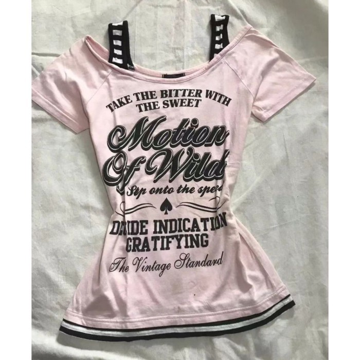 Mỹ Retro Vintage Hồng Nối Sọc Dây Đeo Vai Áo Thun In Chữ Slim Fit Hot Girl Nữ Tay Ngắn Nữ