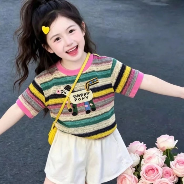 trẻ em mới sọc cầu vồng áo thun ngắn tay hoạt hình thời trang phong cách Hàn Quốc phong cách giả