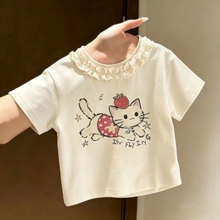 Áo thun ngắn tay in hình mèo con mùa hè bằng vải cotton nguyên chất và em bé dễ thương và ngọt ngào