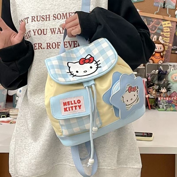 Túi Đi Học Mới Trường Cao Đẳng Ba Lô Kẻ Sọc Dễ Thương Dây Rút Mini KT Girl Katie Hoạt Hình Ba