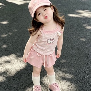 Cotton nguyên chất phong cách Hàn Quốc bé gái mùa hè thường ngày phù hợp với giả hai dây yếm quần s