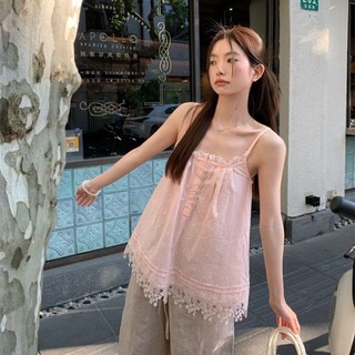 Màu hồng ngọt ngào áo sơ mi babydoll dáng rộng không tay có dây đeo nữ mùa hè mới thiết kế áo