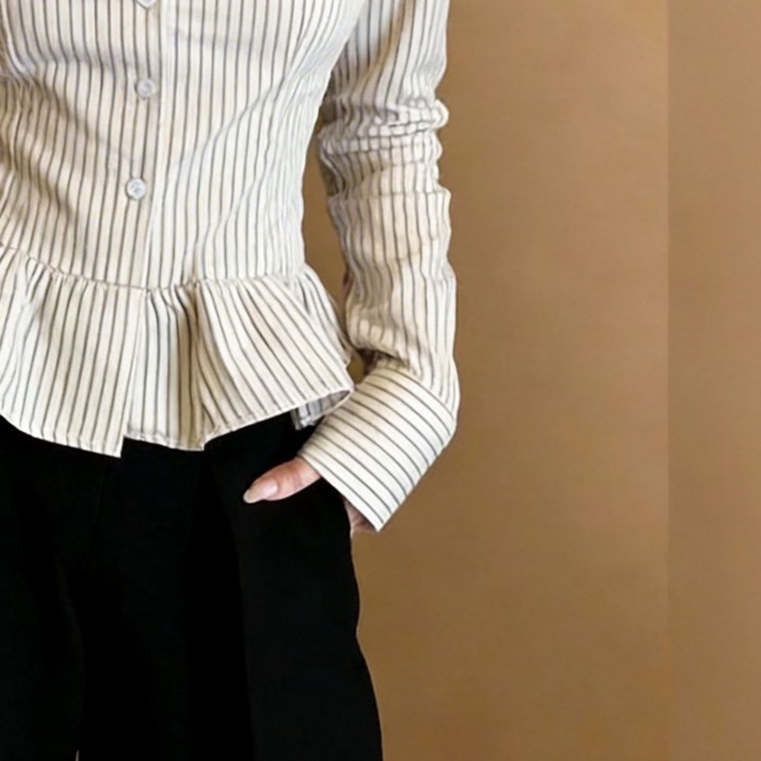 Áo sơ mi dài tay kẻ sọc giản dị phong cách Hàn Quốc dành cho nữ mùa xuân kiểu mới eo nhún bèo gi