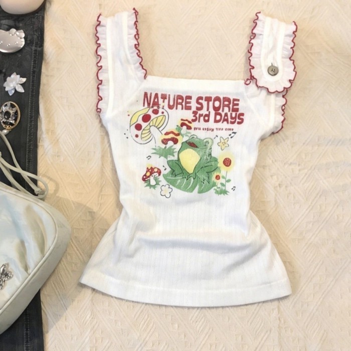 Mỹ Retro nhỏ bay tay áo vest thiên niên kỷ ngọt ngào hottie y2k màu sắc tương phản trẻ con in