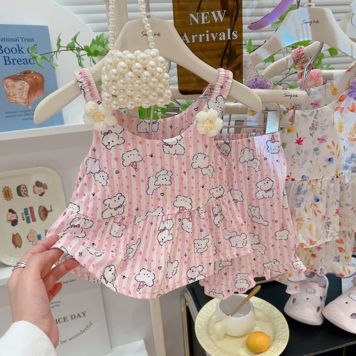 Suspender Bộ đồ ngắn lưng trái tim hoa in hình mùa hè Phim hoạt hình bé gái