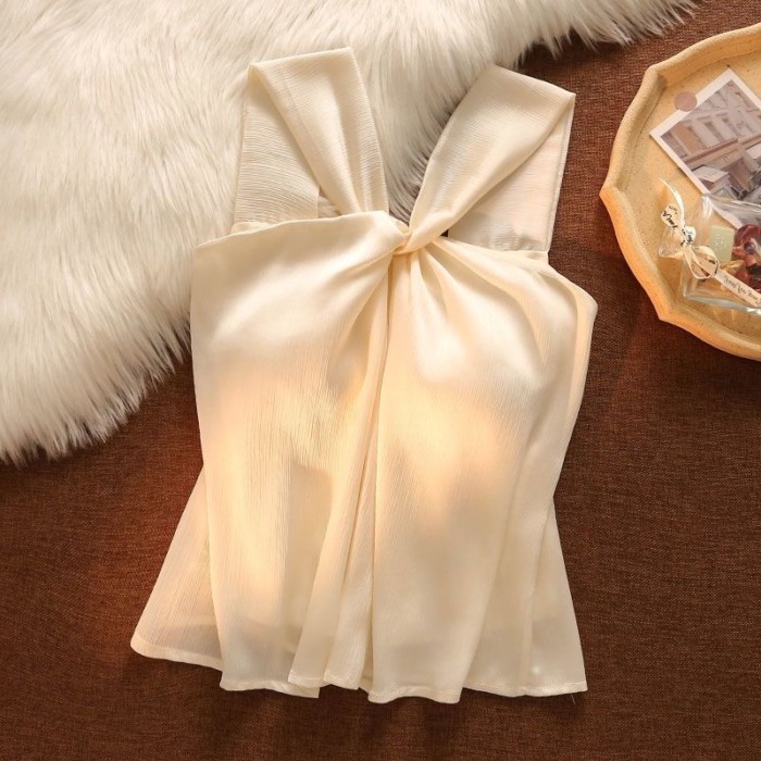 Lan ~ Áo Vest Cổ Chữ Thập Mùa Hè Nữ Mặc Bên Ngoài Gợi Cảm Ngọt Ngào Cô Gái Ôm Hơn Nhìn Bên Trong Dây Không Tay Ngắn Top