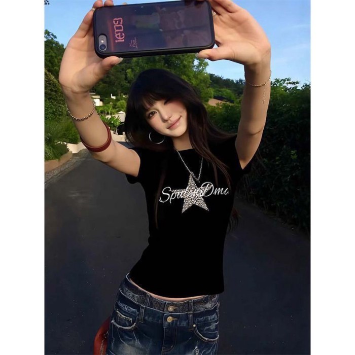 Lan ~ American Hot Girl Retro Da Báo In Áo Thun Nữ Mùa Hè Phong Cách Mới Slim-fit Ngọt Ngào Phong Cách Mỏng Hơn Nhìn Ngắn Top