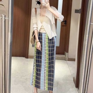 chiếc váy kẻ sọc ngang lưng tương phản kiểu cổ điển Nhật Bản Miyake váy cạp cao xếp li mùa hè