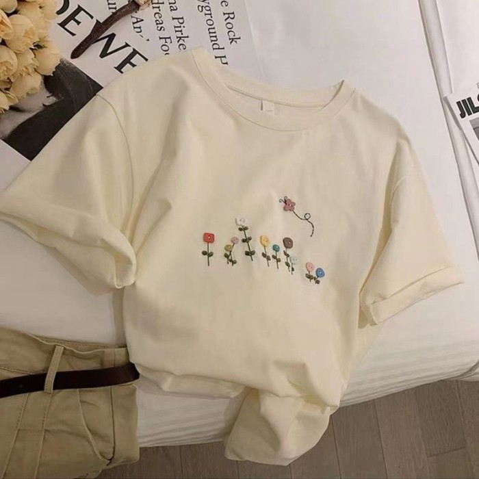 Áo sơ mi ngắn tay màu xám dành cho nữ phong cách Hàn Quốc dáng rộng giản dị Áo thun cotton in
