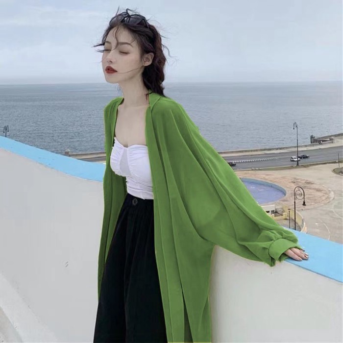 Mùa Hè Siêu Cổ Tích Phong Cách Nữ Dài Qua Đầu Gối Cardigan Thời Trang Áo Khoác Mỏng Phong Cách H