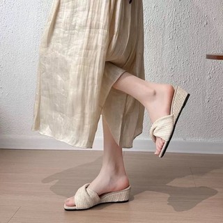 Dép bện một dây gót nêm kiểu Pháp dành cho áo khoác ngoài mùa hè dành cho nữ, giày cao gót đế