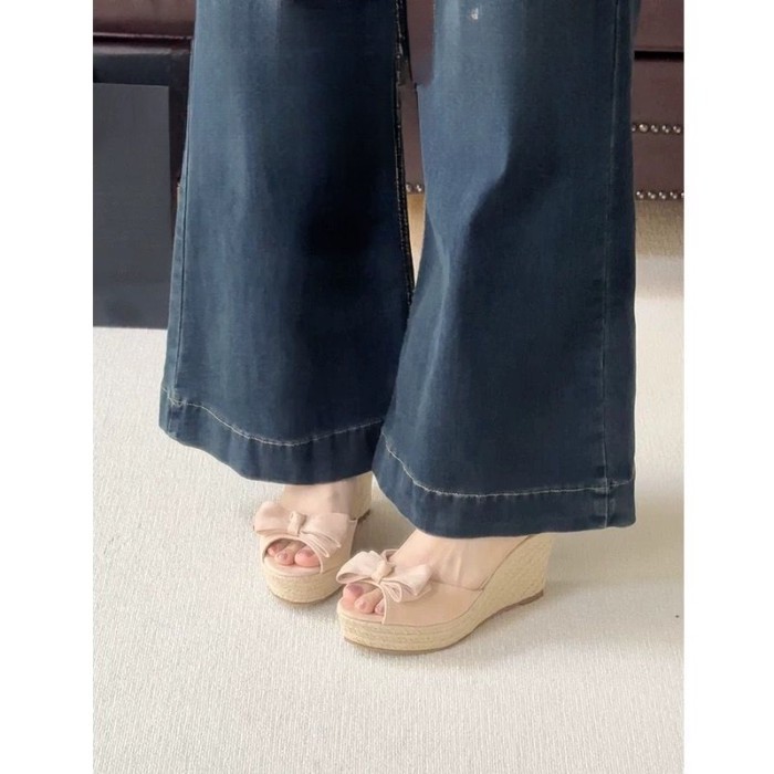 Tăng Chiều Cao Dây Nơ Nêm Giày Sandal Nữ Mùa Hè Mới Phong Cách Ngọt Ngào Giày Sandal Hở Mũi C