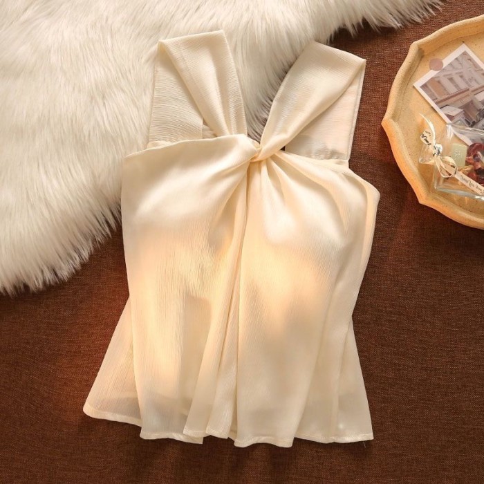 Lan ~ Áo Vest Cổ Chữ Thập Mùa Hè Nữ Mặc Bên Ngoài Gợi Cảm Ngọt Ngào Cô Gái Ôm Hơn Nhìn Bên Trong Dây Không Tay Ngắn Top