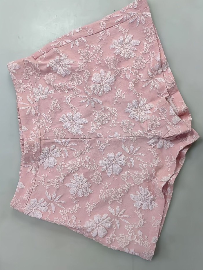 Quần short cạp cao hoa ba chiều màu hồng dành cho nữ mùa hè, ngọt ngào, thon gọn, dáng rộng, giản d