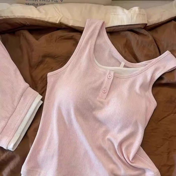 Bộ đồ ngủ có dây đeo mùa hè dành cho nữ có miếng đệm ngực, áo vest không tay, bộ đồ mặc nhà rộng rã