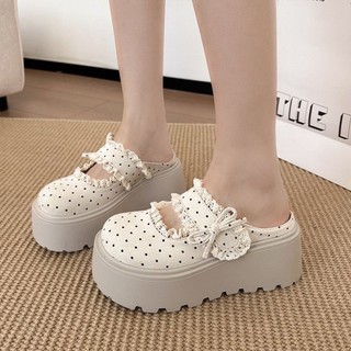 đôi giày Birkenstock phối ren chấm bi cho nữ mới đa năng tăng chiều cao lười một chân dép nửa ng