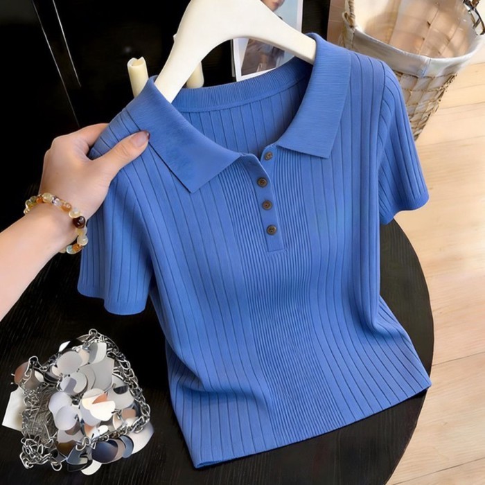 Polo đơn giản sọc pit slim fit áo len ngắn tay lụa băng hàng nút đẹp và tinh tế