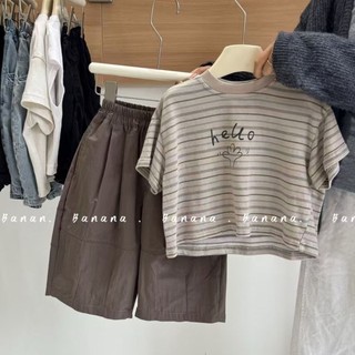 Áo thun cổ tròn sọc rộng phong cách Hàn Quốc dành cho trẻ em mùa hè dành cho nam và nữ dành cho trẻ