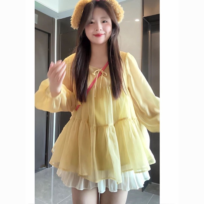 Áo phồng tay phồng màu vàng tươi, đầu thu dễ thương và ngọt ngào cho nữ, dễ thương và ngọt ngào tro