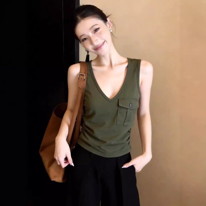 Lan ~ Phong Cách Hàn Quốc Thiết Kế Bỏ Túi Cảm Giác Áo Vest Nữ Mùa Hè Phong Cách Mới Hot Girl Phong Cách Chặt Tay Nẹp Không Tay Đệm Ngực