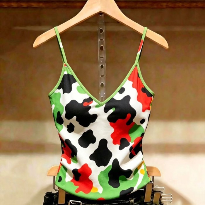 Lan ~ Sản phẩm mới Rò Rỉ Áo yếm Pháp Mùa hè Phong cách mới Không tay Slim-fit Phong cách phương Tây In đáy Top Phù hợp