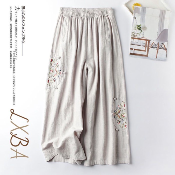 chiếc quần cotton và lanh mùa hè dành cho nữ, quần ống rộng thêu phong cách dân tộc retro mỏng,